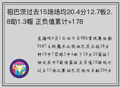 祖巴茨过去15场场均20.4分12.7板2.8助1.3帽 正负值累计+178
