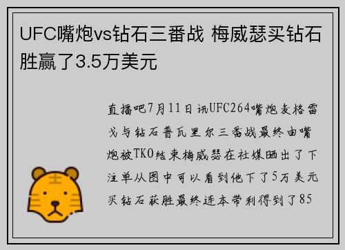 UFC嘴炮vs钻石三番战 梅威瑟买钻石胜赢了3.5万美元